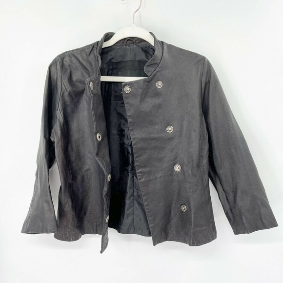 Club Monaco Cropped Leather Jacket Sz M Solid Black Mandarin Collar Snap Buttons - Picture 5 of 8